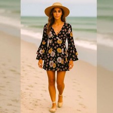 Altar'd State Juliette Black Yellow Floral Bell Sleeve Mini Dress Boho V-Neck S