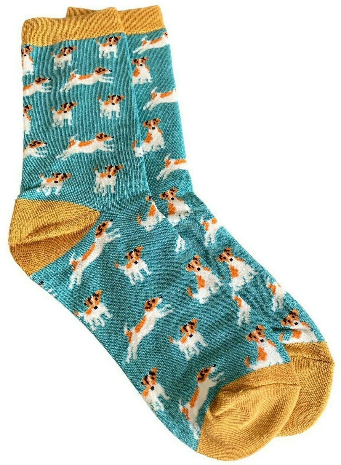 Socks Ladies Green Yellow Bamboo Cotton Dog Print Shoe Size 4 - 7-image