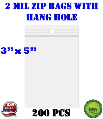 200 - 3'' x 5'' Zip Seal Reclosable 2Mil Plastic Top Lock Bags Hang Hole Jewelry