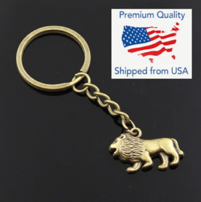 Vintage Bronze Lion Pendant Keychain Key Ring Chain Growling Zoo Animal Gift