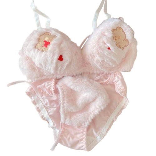 Women s Anime Bear Plush Bra and Tie Side Panty Set No Underwire Furry Underwear - Picture 9 of 17