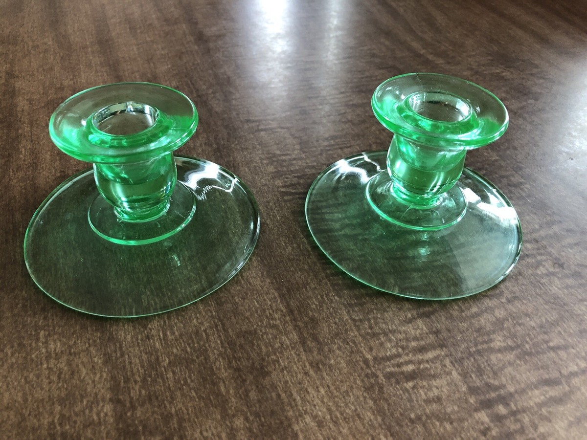Vintage Green Glass Uranium Glass Candlestick Holders - Lot Of 2