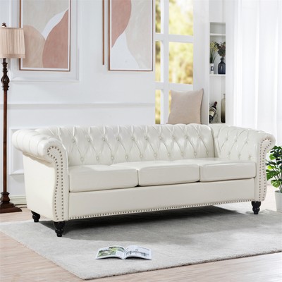 84in Chesterfield Sofa Faux Leather Upholstered 3 Seater Rolled Arm Tufted White