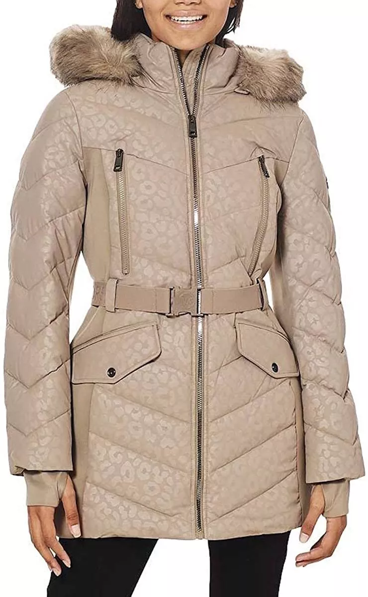 Michael Michael Kors Women Logo Leopard Belted Removable Hood Puffer Coat Taupe