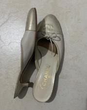 Chanel Kitten Heel Mules 36.5 in Good Condition Bridal Cream Metallic