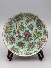 Antiguo plato chino Qing Celadon tierra familia rosa faisán floral 6,25""