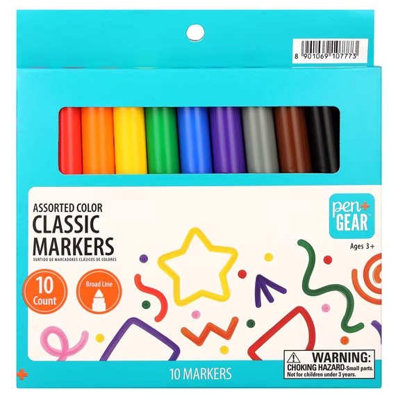 Pen+Gear Classic Broad Line Markers, Assorted Colors, 10 Count