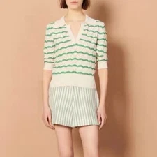 Women Sandro Collared Striped Knit 3/4 Sleeve Sweater Top