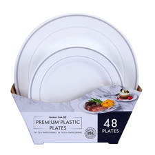 Premium Plastic Plates 48 ct White Silver Rim Dinner Salad Party 2 Size