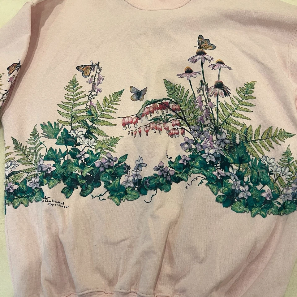 Sudadera Vintage Art Unlimited Mujer Grande Rosa Flores Mariposas Jardín Foto 3 de 4