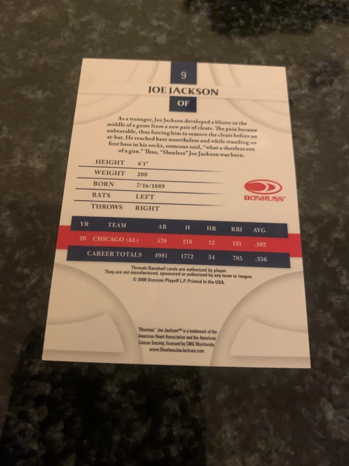 2008 Donruss Playoff Threads Reprint #9 JOE JACKSON (SHOELESS) - Image 2 of 2