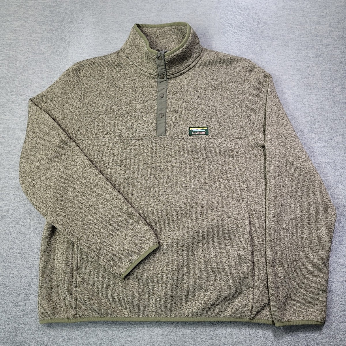 LL Bean Sweater Mens Large Green Fleece Pullover Snap Buttons Logo