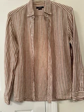 Cacharel Red Striped Print 100% Linen Button Up Long Sleeve Shirt Sz M Slim 
