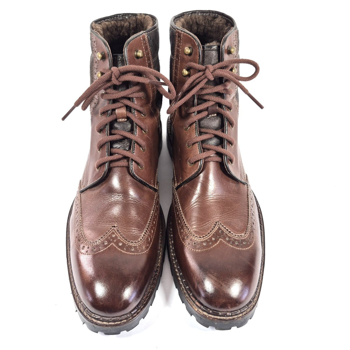 Johnston Murphy Men's Boots Brown Leather Wingtip Shearling Wool