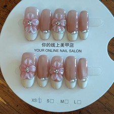 Press-On Nails Short Oval Pink Beige French Tip 3D Flowers Pre-Designed Full