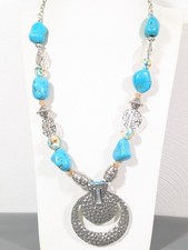 Southwestern Boho Faux Turquoise Glass Hammered Statement Necklace 22"