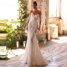 Classic Lace Wedding Dress Sweetheart Lace Cuff Mermaid Sweep Train Bride Gowns