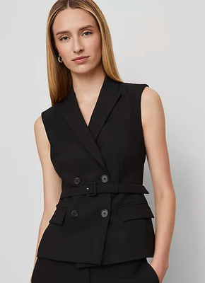 NWT ANN TAYLOR BLACK BELTED DOUBLE BREASTED SEASONLESS STRETCH VEST BLAZER SZ 10
