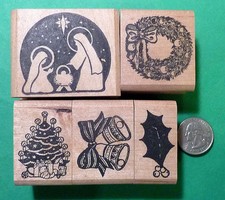 Christmas Rubber Stamp Set, 5 pcs, Wood Mounted