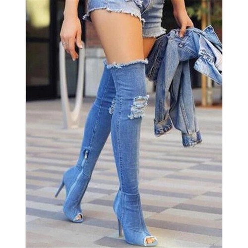 Botas Sexis Para Mujer Botas Altas Estilo Jeans Botas De Punta Abierta  Vaquero | eBay