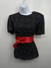 Papell Boutique Evening black  Beads Silk Beaded Formal Top Black S