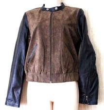 Mango Leather Brown Black Colorblock Women's Jacket Bomber Size:xs