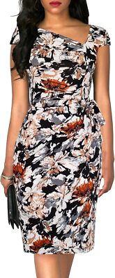 Women's Vintage Cap Sleeve Asymmetrical Neckline Sheath Bodycon Dress