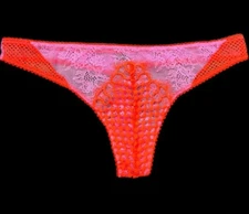 Victorias Secret Sexy Crochet Lace Low Rise Thong Panty Pink Orange Large New