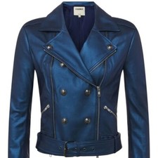 Nwt L'agence Billie Belted Moto Leather Jacket Iridescent Blue Xs Rv $1500