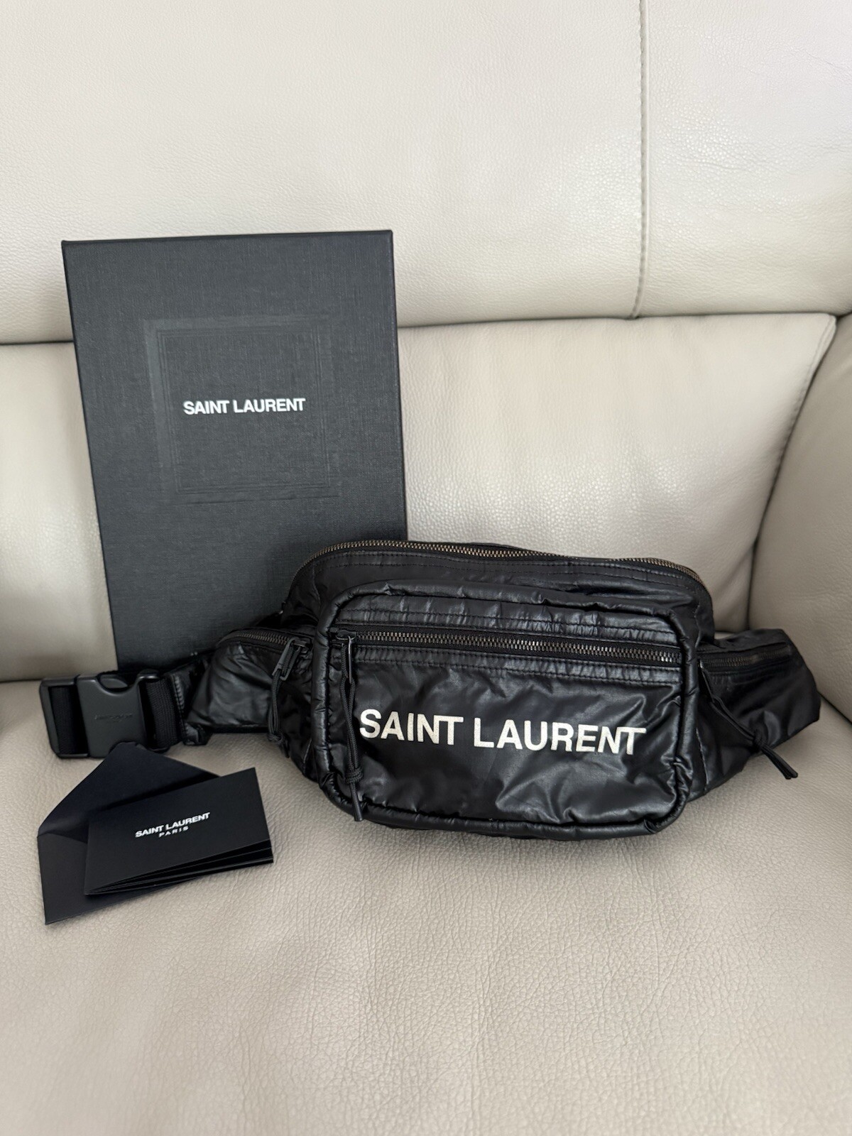 Autentica borsa da cintura YSL SAINT LAURENT marsupio in vita nero nylon argento