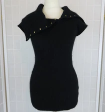 Jane Norman Jumper UK 10 Black 47% Angora Mix Asymmetric Roll Neck Cap Sleeve
