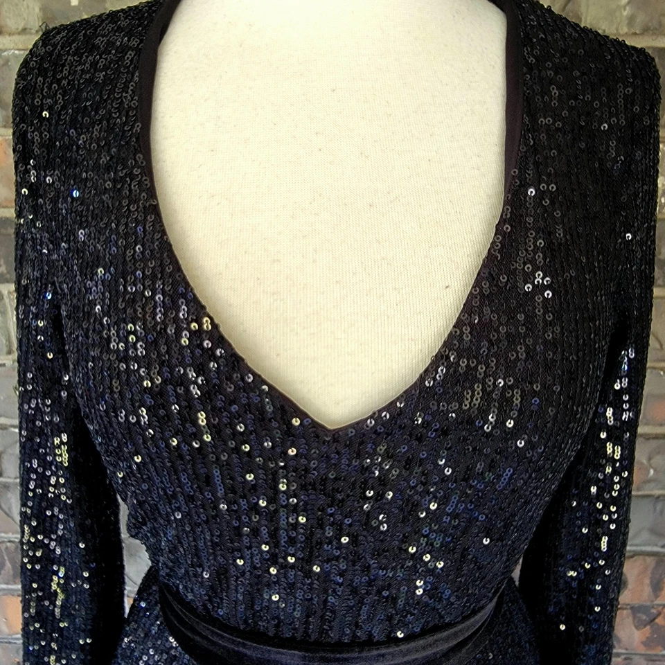 Betsey Johnson Dress Womens Medium Black Sequin Velvet Sash Long Sleeve Midi - Image 4 of 4