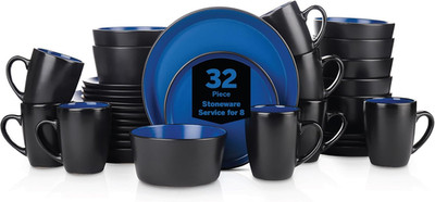 Albie Stoneware 32-Piece Modern Dinnerware Set, Kitchen Plates and Bowls Sets, D