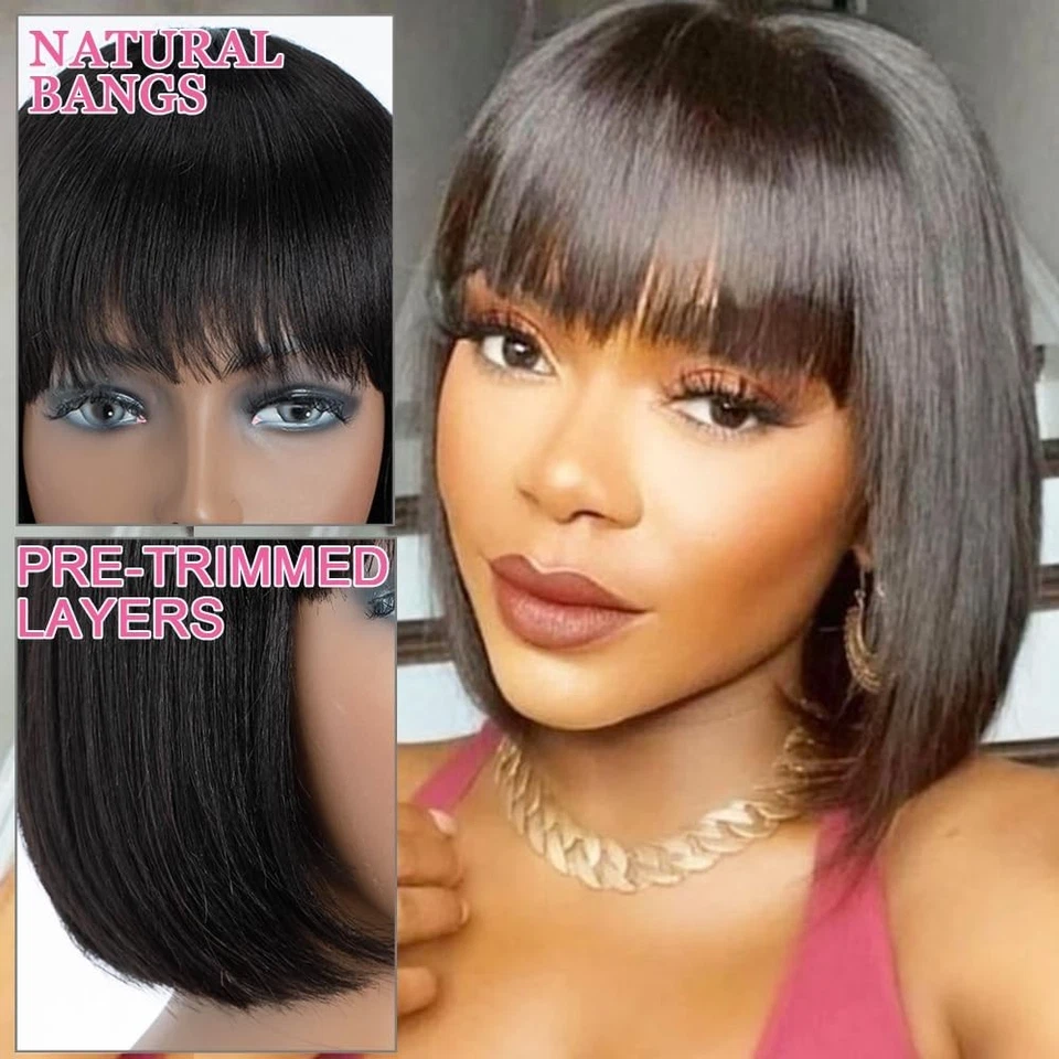Short Bob Human Hair Wig with Bangs None Lace Front Wigs Brazilian Straight Hair - Image 3 of 4
