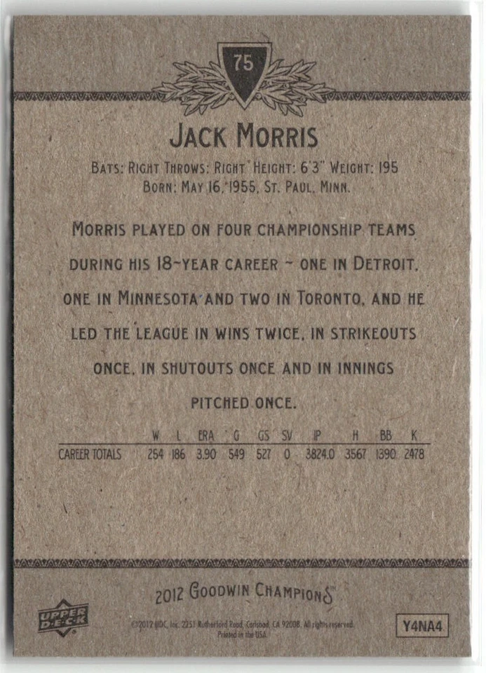 2012 UPPER DECK GOODWIN CHAMPIONS #75 JACK MORRIS - Image 2 of 2