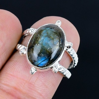 Classic Labradorite Gemstone Handmade 925 Sterling Silver Ring Size 6.5 E758