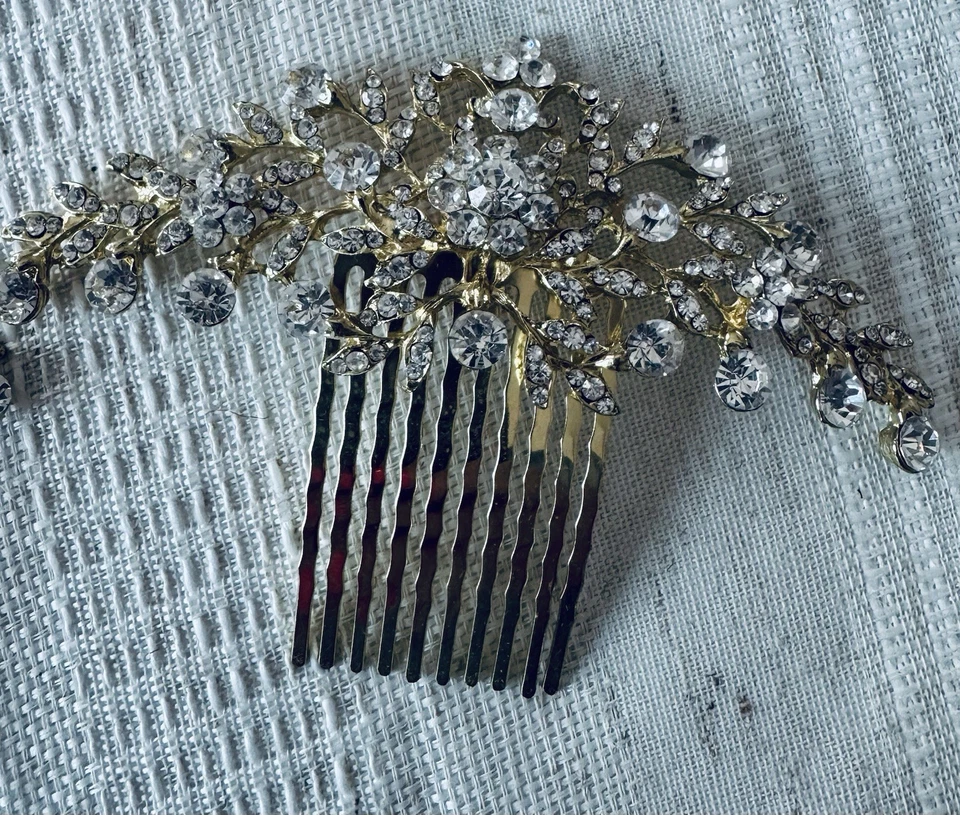 Formal Clear Rhinestone Crystal Hair Comb Hairpin Comb Gold Plated Bridal Prom - Image 2 of 4