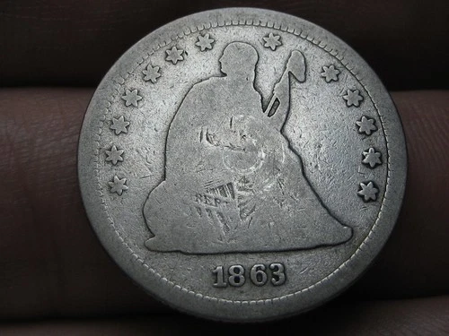 1863 P Silver Seated Liberty Quarter- Philadelphia, Good/VG Details