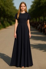 Aidan Mattox Satin Beaded Dolman Sleeve Gown sz 6 Modest Navy 650 Minimalist
