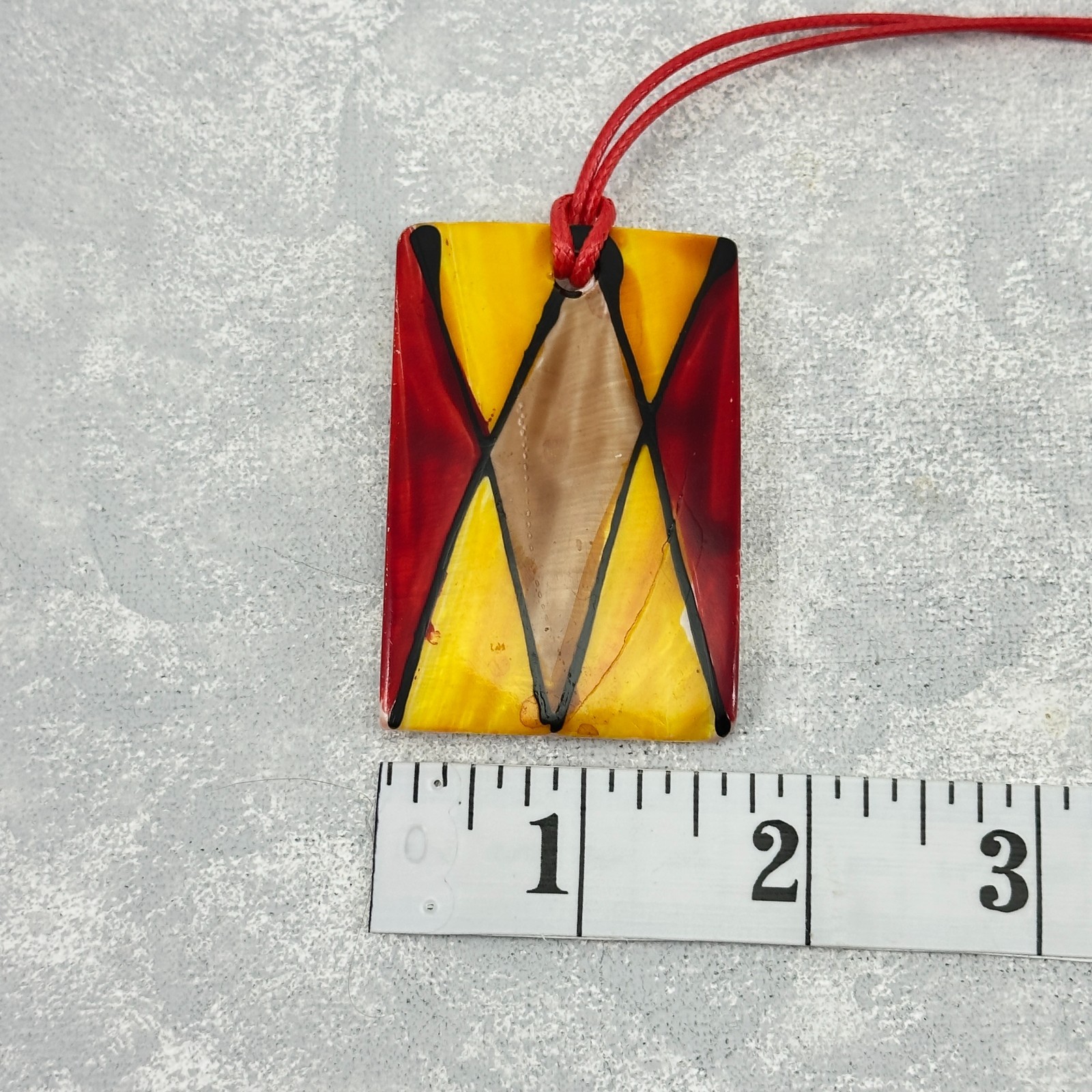 Necklace Large Yellow Red Rectangular Painted Mot… - image 8