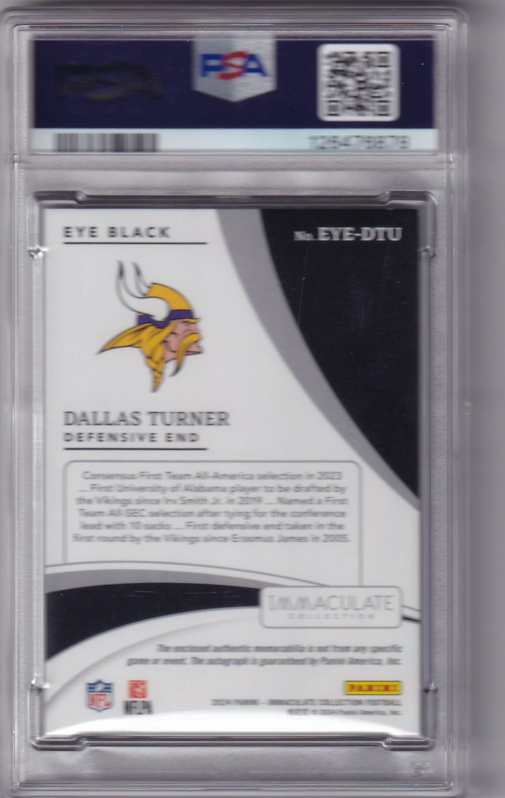 2024 Panini Immaculate Dallas Turner Rookie Eye Black Jersey Auto #/99 PSA 8 RC view 2