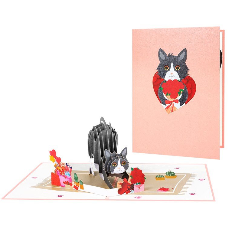 Cat with Red Roses 3D Pop Up Valentine’s Day Card