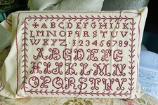 Vintage Ralph Lauren Sampler Pillow Case / One Pink Red Ivory White