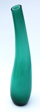 Art Glass Vase Hand Blown, Teal Blue, Cased Glass, Tubular, 13"