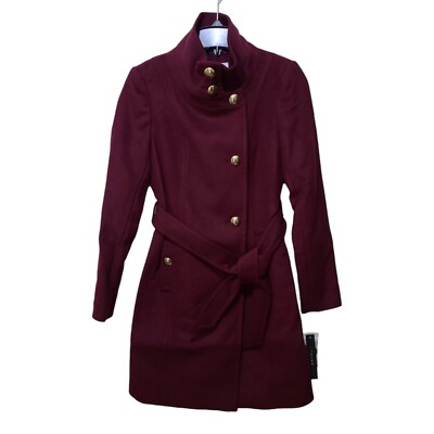 NWT T Tahari Izzy Asymmetrical Trench Coat Wool Blend Mock Neck Burgundy Sz 2