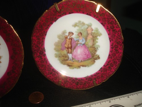 Miniature Plates Hand painted Flowers Man Woman Garden Limoges France 4 1/4" Set - Picture 7 of 8