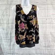 DR2 Daniel Rainn Womens Velvet Top Sz Small Black Pink Floral V-Neck Sleeveless