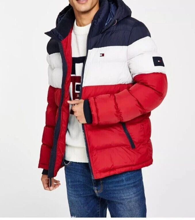 Tommy Hilfiger Men's Quilted Puffer Hooded Puffer Jacket Red White