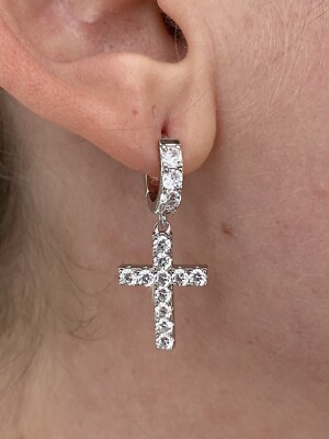 Solid 925 Sterling Silver Men Ladies Dangle Cross Hoop Earrings