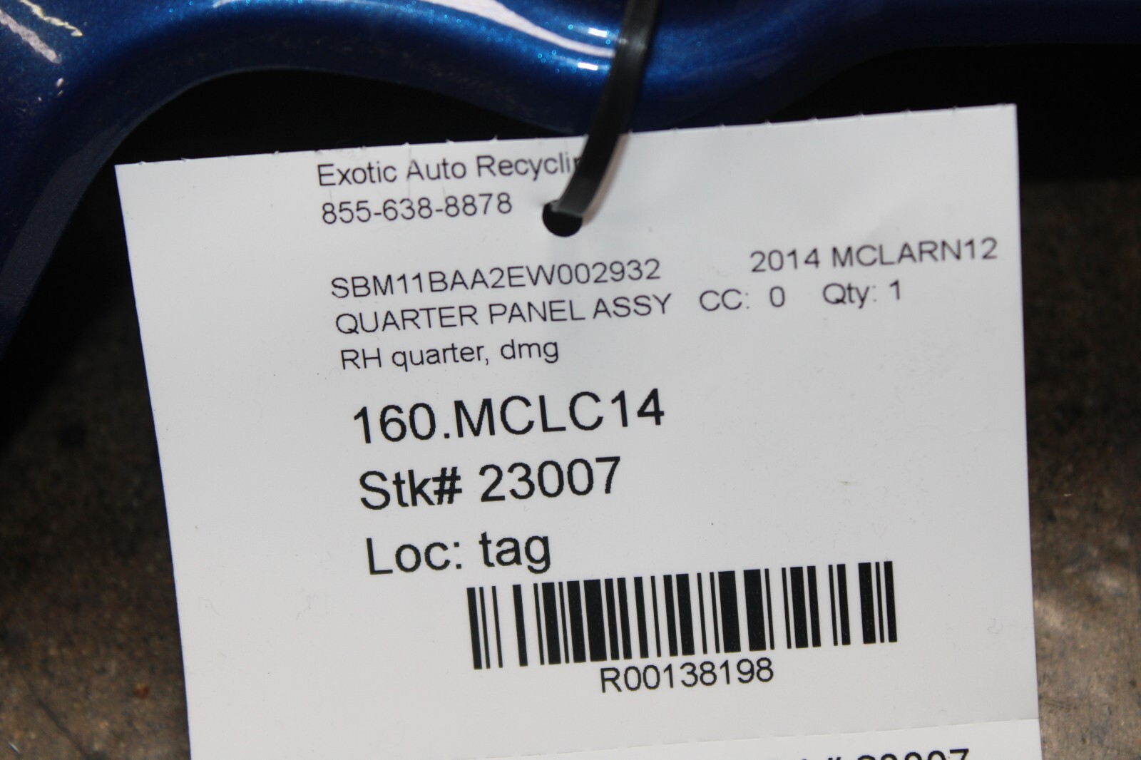 McLaren MP4-12C Spider, RH, Right, Quarter Panel, Blue, Dmg, Used